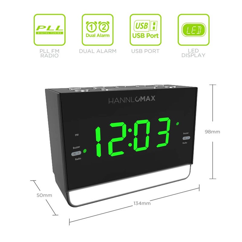 HANNLOMAX HX-128CR Alarm Clock Radio, PLL FM Radio, 1.2 inches Green LED Display, Dual Alarm, 6 Levels Night Light, USB Port for 1A Charging, AC/DC Adaptor Included - Image 5